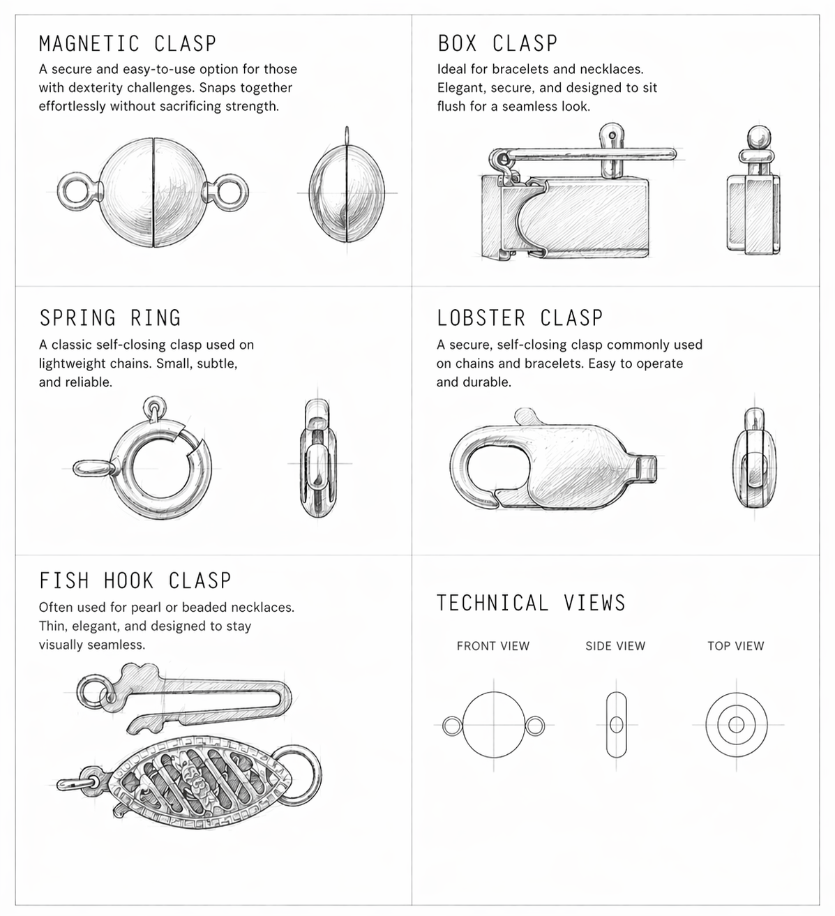 jewelry clasp types guide illustrating various closures like magnetic, box, spring ring, lobster, and fish hook clasps in detailed views.