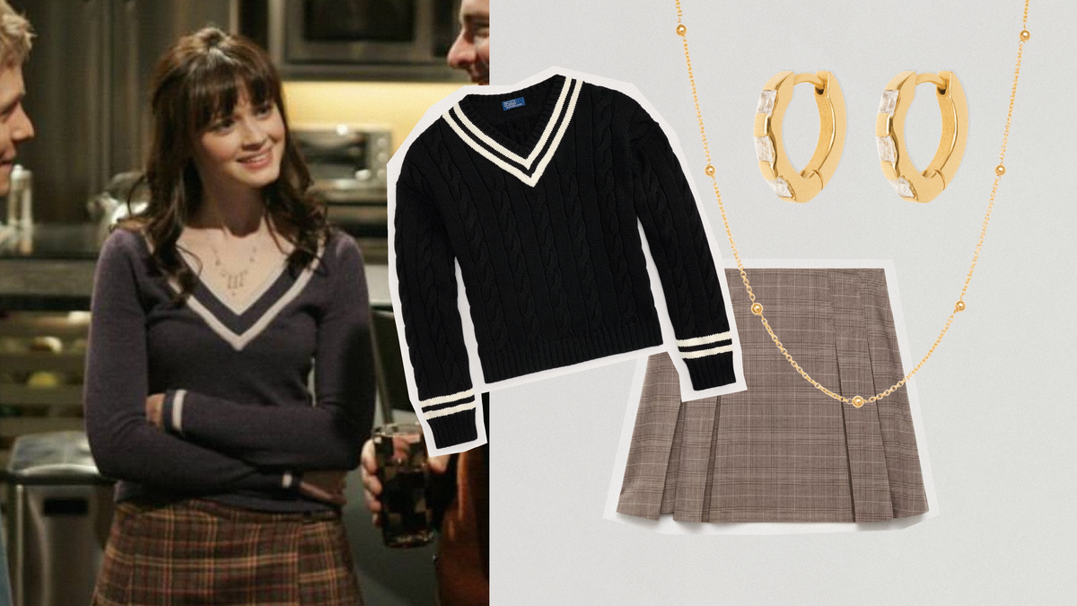 Rory Gilmore back to school style featuring a black sweater, plaid skirt, and gold jewelry.