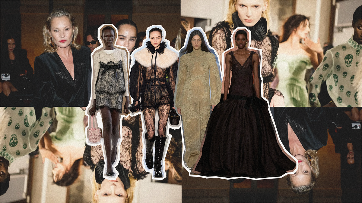 Collage of models showcasing the fall winter lace fashion trend with gothic and romantic styles.