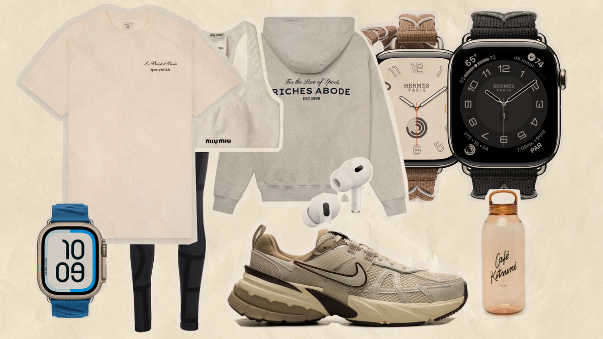 basic gym kit for muscle building featuring apparel, AirPods, sneakers, and an Apple Watch.