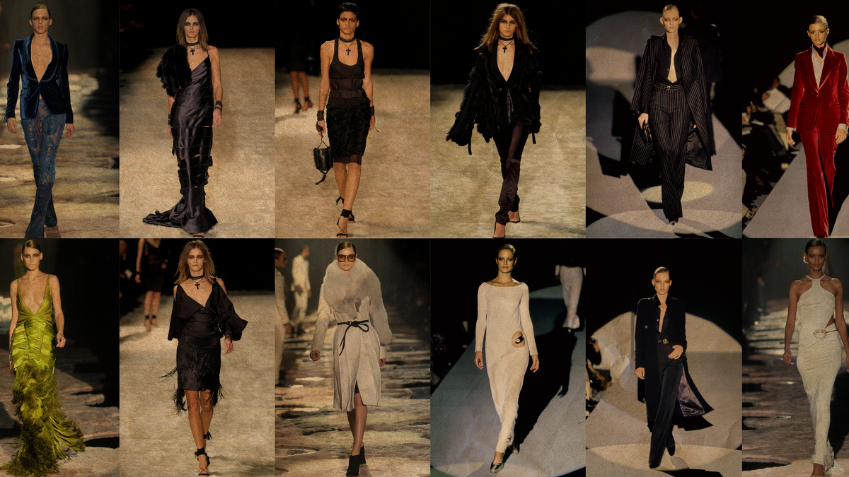 Tom Ford Gucci fashion history era showcase runway fashion collection with diverse models in stunning designs.