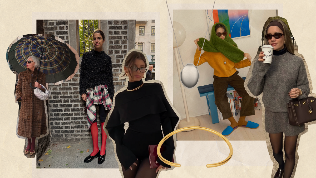 Collage of stylish outfits featuring winter styling tricks with tights in various settings.