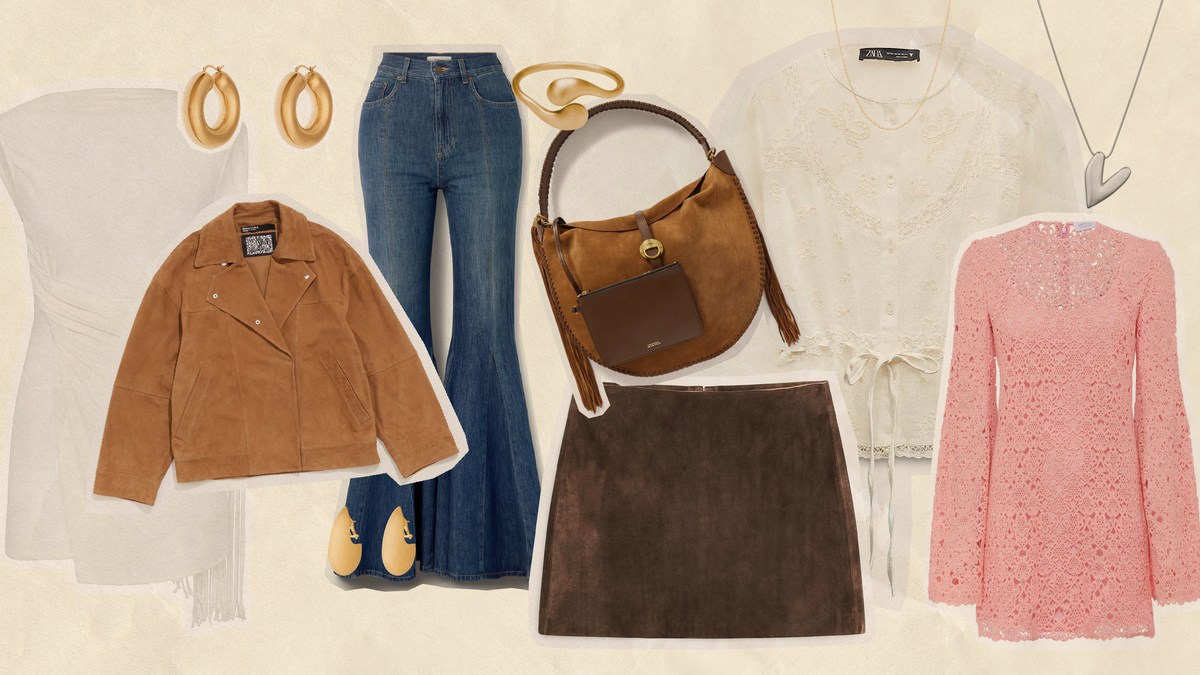 boho chic trends 2025 fashion collage featuring jackets, tops, jeans, accessories, and skirts.