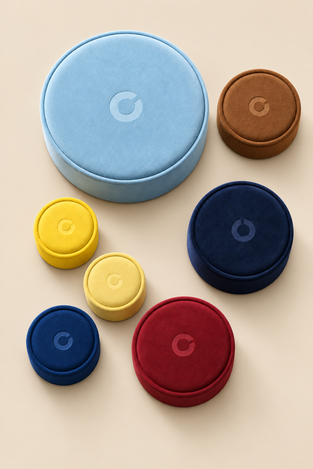 Six round, cushioned storage boxes or containers in different colors (light blue, brown, yellow, navy, red) arranged on a light beige background. Each container has a matching lid with a circular logo in the center.