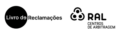 Deux logos côte à côte sur un fond blanc, l'un intitulé « Livro de Reclamações » et l'autre « RAL Centros de Arbitragem ».