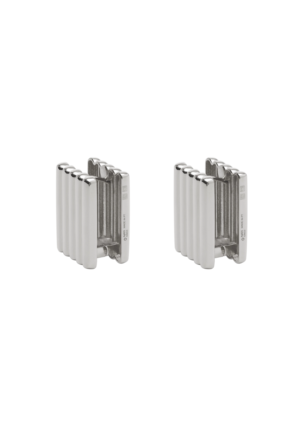 A pair of silver-toned metal radiator-shaped earrings with a ribbed vertical design, shown on a plain white background.