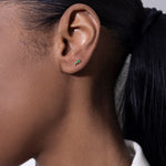 model wearing noun stud emerald 18k