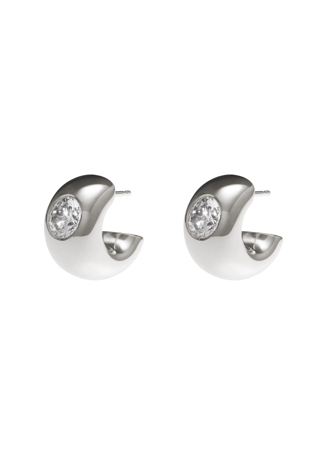 Pair of silver hoop earrings with clear gemstones on a white background